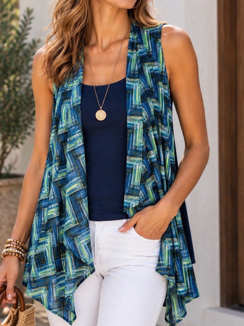 Geometric Waterfall Draped Vest Asymmetrical Boho Art to Wear Blue L *